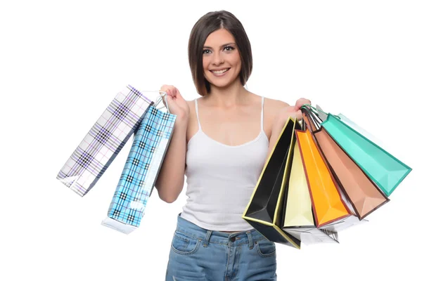 Mulher Sorridente Com Sacos Compras Coloridos Isolados Fundo Branco — Fotografia de Stock