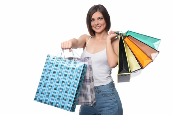 Mulher Sorridente Com Sacos Compras Coloridos Isolados Fundo Branco — Fotografia de Stock