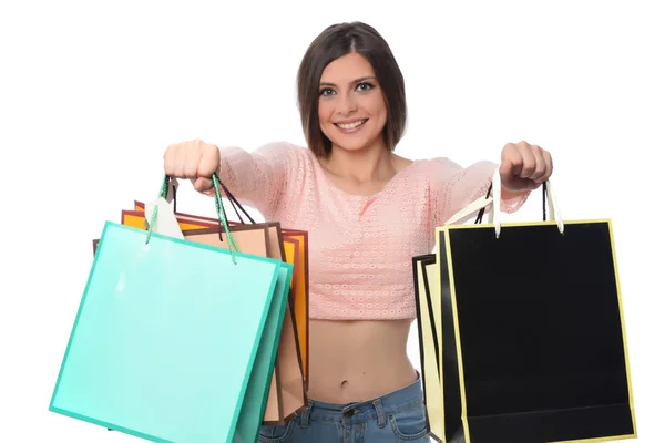 Lachende Vrouw Met Kleurrijke Boodschappentassen Geïsoleerd Witte Achtergrond — Stockfoto