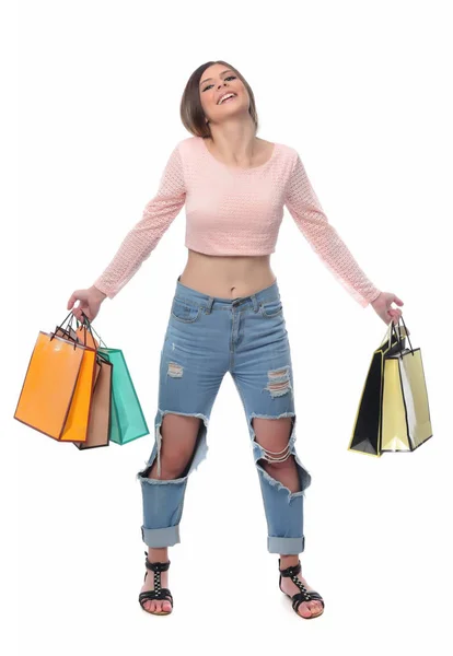 Mujer Sonriente Con Coloridas Bolsas Compras Aisladas Sobre Fondo Blanco —  Fotos de Stock