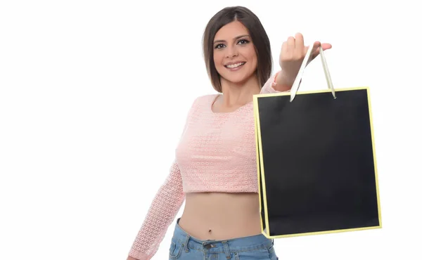 Smiling Woman Shopping Bag Isolated White Background — Stock Photo, Image