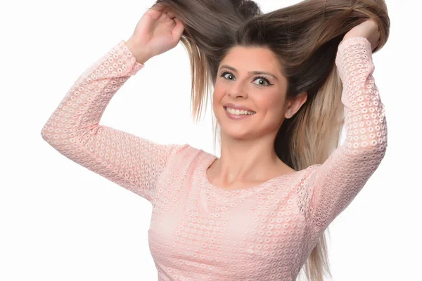 Schöne Frau Mit Langen Haaren Posiert Studio Schönheitskonzept Isoliert — Stockfoto