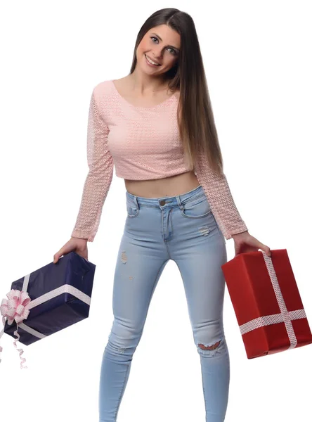 Красива Весела Жінка Подарунковими Коробками Білому Тлі — стокове фото