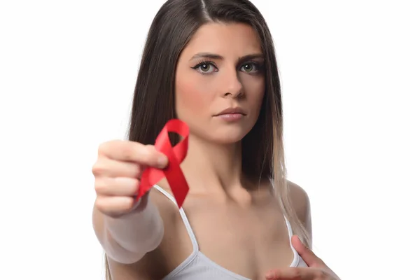 Vård Och Medicin Koncept Kvinnan Handen Håller Cancer Awareness Ribbon — Stockfoto