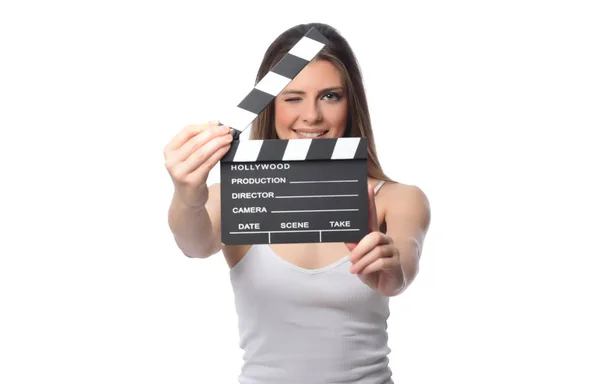 Beautiful Young Woman Cinema Clapper Posing Studio Movie Concept Isolated — Stock Photo, Image