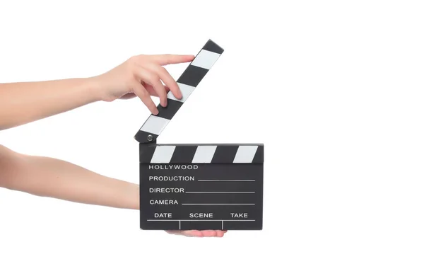 Beautiful Young Woman Cinema Clapper Posing Studio Movie Concept Isolated — Stock Photo, Image