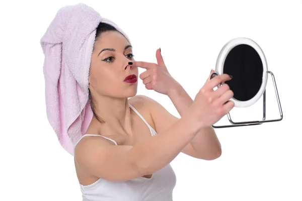 Beautiful Young Woman Touching Her Nose Front Mirror Isolated — Stock Photo, Image