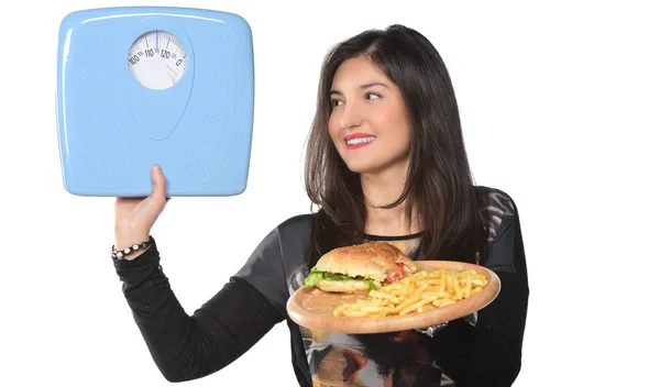 Porträt Eines Jungen Mädchens Hamburger Und Maßstab Auf Weißem Hintergrund — Stockfoto