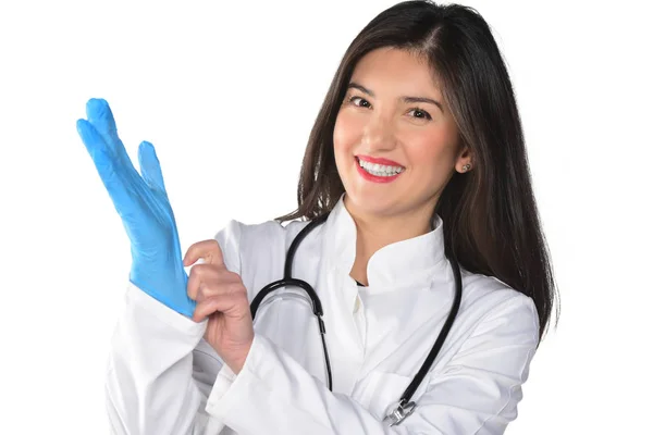 Young Female Doctor Putting Glove Isolated White Background — Stock Photo, Image