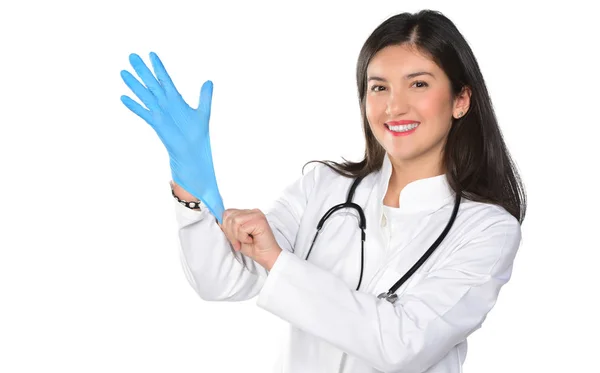 Young Female Doctor Putting Glove Isolated White Background — Stock Photo, Image