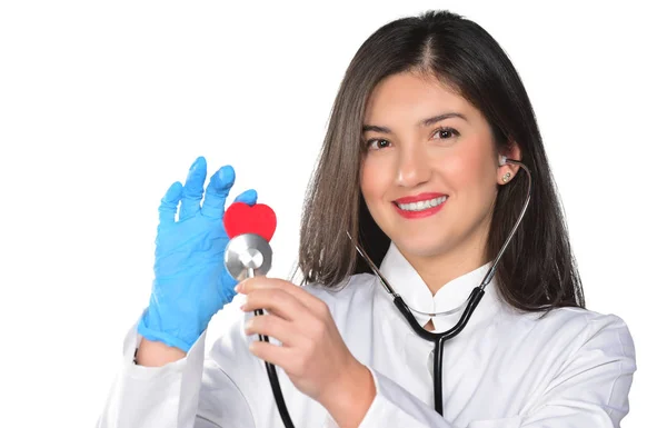 Young Female Doctor Red Heart Stethoscope Isolated White Background — Stock Photo, Image