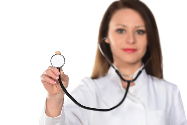 Ung Kvinna Läkare Med Stetoskop Isolerad Vit Bakgrund — Stockfoto