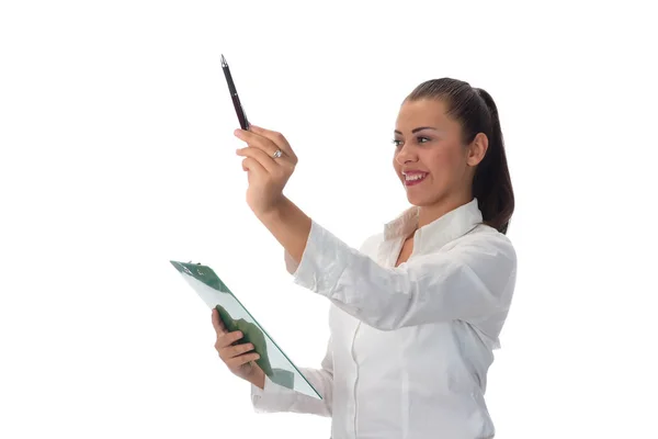 Geschäftsfrau Zeigt Mit Einem Stift Auf Etwas Und Hält Ein — Stockfoto