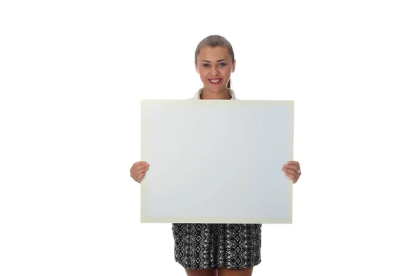 Young Woman Holding Empty White Sheet Isolated White Background — Stock Photo, Image