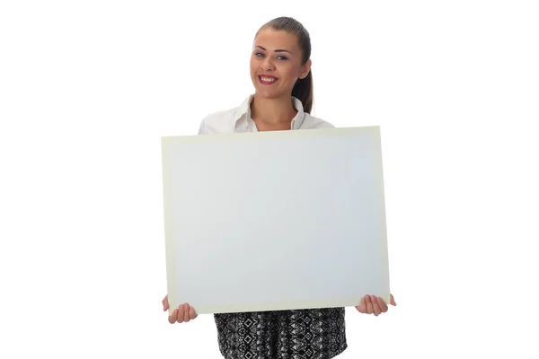 Jonge Vrouw Met Lege Witte Blad Geïsoleerd Witte Achtergrond — Stockfoto