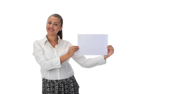 Young Woman Holding Empty White Sheet Isolated White Background — Stock Photo, Image