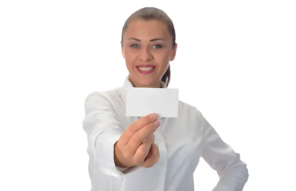 Junge Frau Mit Leerer Weißer Karte Isoliert Auf Weißem Hintergrund — Stockfoto