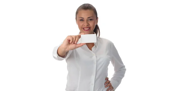 Jovem Segurando Cartão Branco Vazio Isolado Fundo Branco — Fotografia de Stock