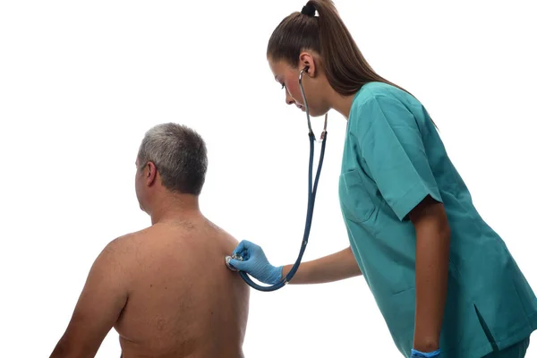 Doctora Revisando Una Paciente Concepto Médico Aislado Sobre Fondo Blanco — Foto de Stock