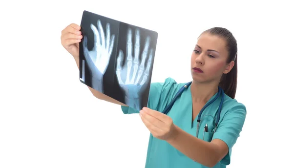 Жіночий Радіолог Перевіряє Рентгенівський Знімок Ізольований Білому Тлі — стокове фото