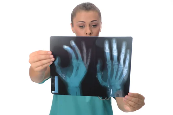 Female Radiologist Checking Ray Isolated White Background — Stock Photo, Image
