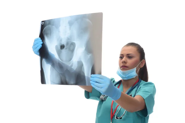 Female Radiologist Checking Ray Coxofemoral Bone Isolated White Background — Stock Photo, Image