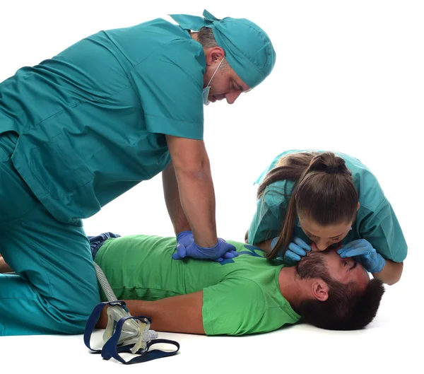 Equipo Médico Que Rcp Paciente Aislado Sobre Fondo Blanco — Foto de Stock