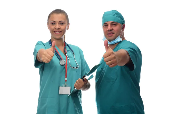 Two Doctors Showing Thumbs Isolated White Background — Stock Photo, Image