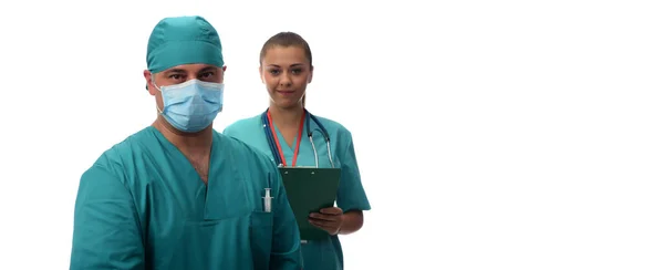 Dois Médicos Médico Com Enfermeira Isolada Fundo Branco — Fotografia de Stock