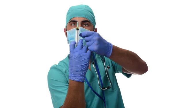 Doctor Holding Syringe Isolated White Background — Stock Photo, Image