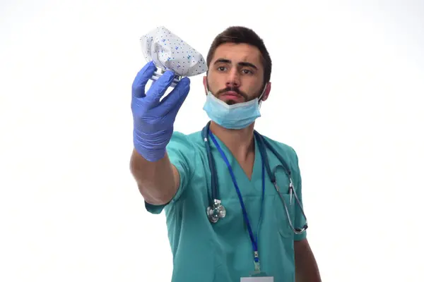 Male Doctor Having Headache Isolated White Background — Stock Photo, Image