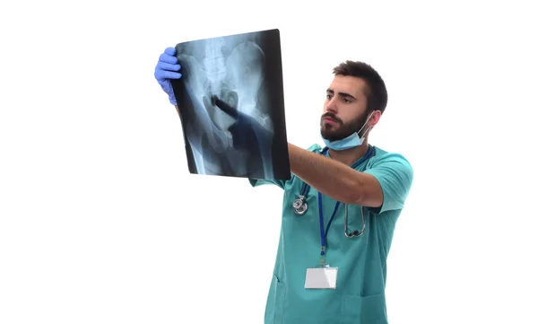 Male Radiologist Checking Ray Coxofemoral Bone Isolated White Background — Stock Photo, Image