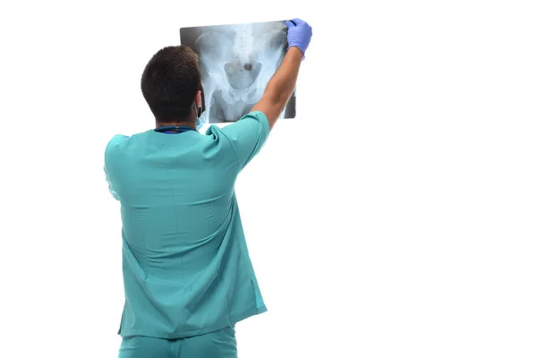 Male Radiologist Checking Ray Coxofemoral Bone Isolated White Background — Stock Photo, Image