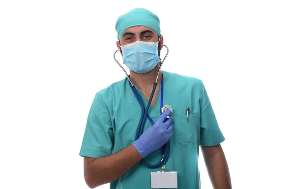 Mužské Doktor Drží Stetoskop Izolované Bílém Pozadí — Stock fotografie