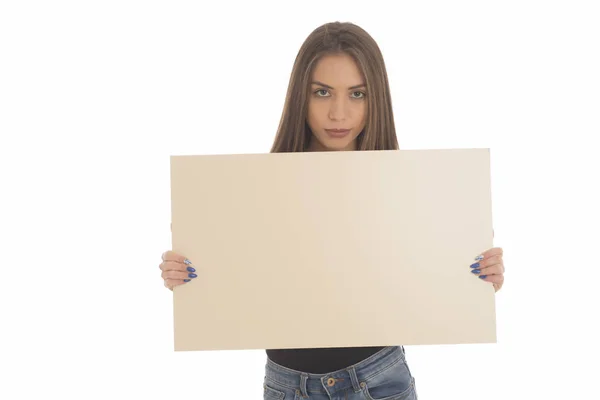 Νεαρή Γυναίκα Κρατώντας Γκόπαν Άδειο Κάρτα Απομονωμένα Λευκό — Φωτογραφία Αρχείου