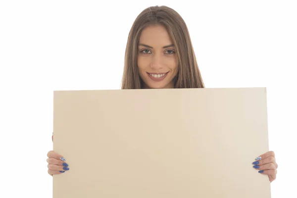 Νεαρή Γυναίκα Κρατώντας Γκόπαν Άδειο Κάρτα Απομονωμένα Λευκό — Φωτογραφία Αρχείου