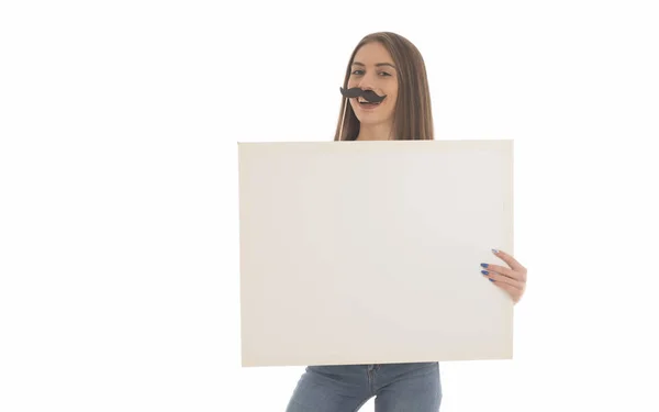Young Woman Holding Mustache Stick Empty Board Card Isolated White — Stock Photo, Image