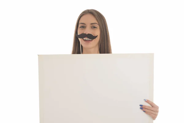 여자는 스틱과 카드에 콧수염을 — 스톡 사진