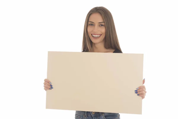 Young Woman Holding Empty Board Card Isolated White — Stock Photo, Image