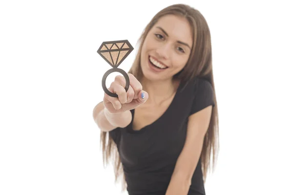 Hermosa Chica Con Anillo Compromiso Papel — Foto de Stock