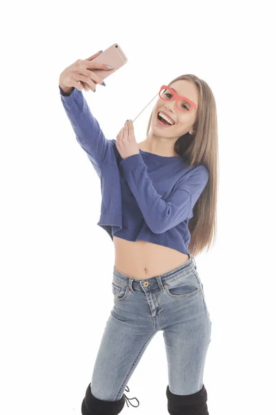 Mooi Meisje Dat Neemt Selfie Met Papier Bril — Stockfoto