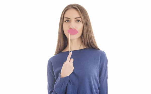 Mooi Meisje Met Papier Lippen Stick — Stockfoto