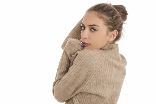Portrait Young Woman Tied Her Hair Bun — Stock Photo, Image