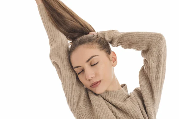 Portrait Jeune Femme Attachée Ses Cheveux Queue Cheval — Photo