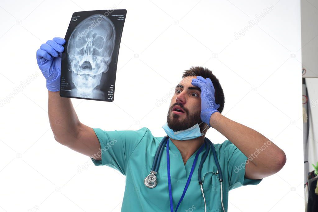 Radiologist checking x-ray, isolated on white background