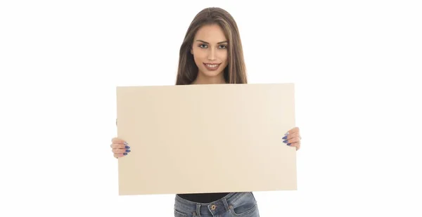 Young Woman Holding Empty Board Card Isolated White — Stock Photo, Image