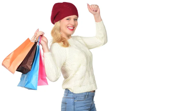 Счастливая Женщина Позирует Пакетами Покупок Белом Фоне — стоковое фото