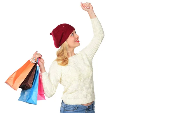 Счастливая Женщина Позирует Пакетами Покупок Белом Фоне — стоковое фото