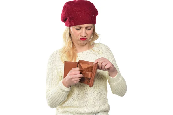 Unhappy Woman Shows Her Empty Wallet Isolated White — Stock Photo, Image