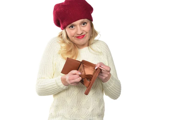 Unhappy Woman Shows Her Empty Wallet Isolated White — Stock Photo, Image